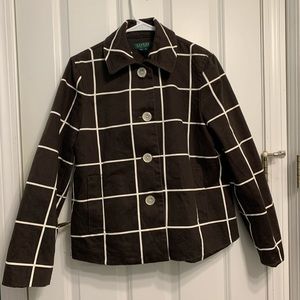 Ralph Lauren Thick Cotton Dark Brown White Windowpane  Swing Coat Petite Large